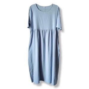 Light Blue Cottage Scandi Midi Dress XL Prairie Country Minimal Lagenlook NEW